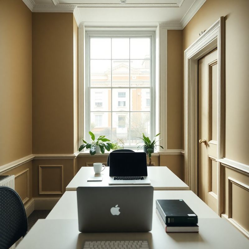Georgian Dublin office interior with soft atlantic light and a minimal desk setup